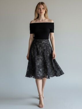 Anne Carson Silk Skirt A-Line Flowy Black Tan Sheer Overlay Lined Size 8
